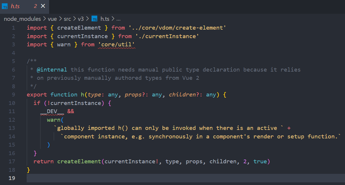 Definition of the h function in the Vue2 source code