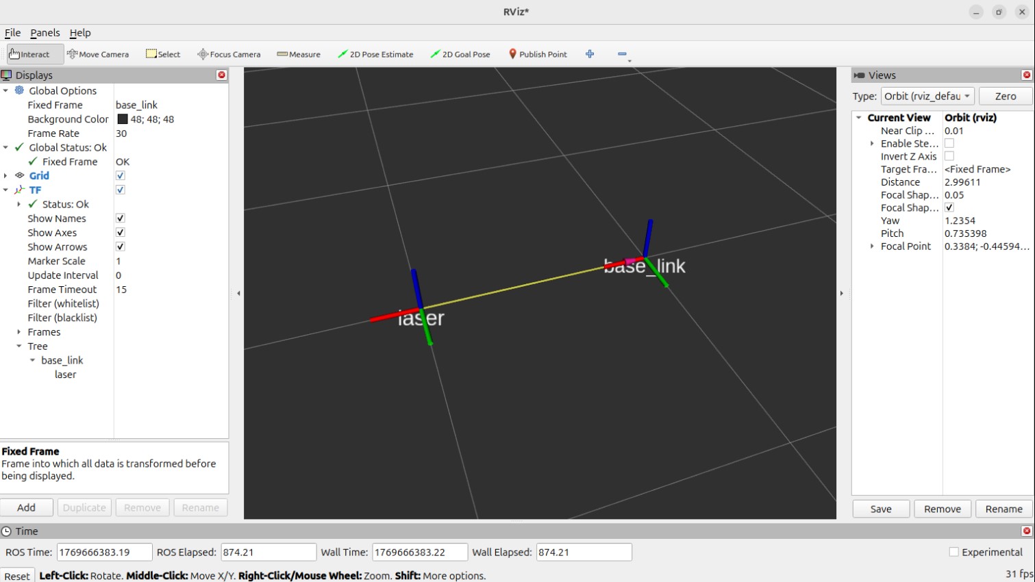 Rviz2中显示出两个坐标系，一个是父级坐标系base_link，一个是子集坐标系laser