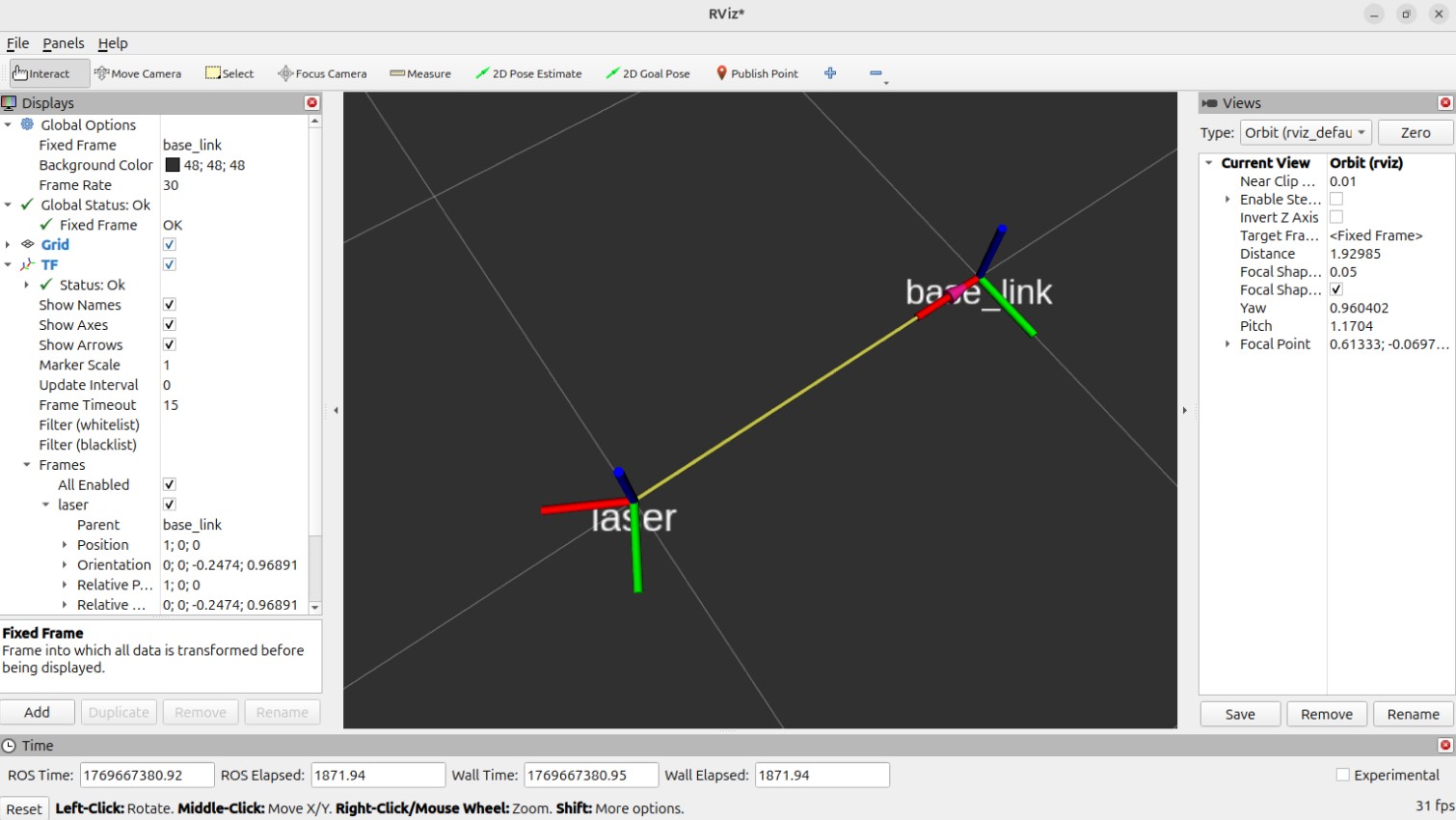 Rviz2中显示出两个坐标系，一个是父级坐标系base_link，一个是子集坐标系laser